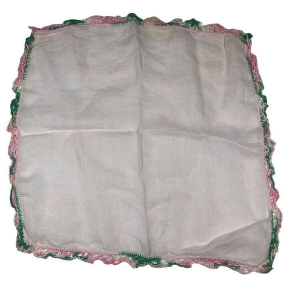 Vintage Handkerchief Hanky With Ombre Pink Green Crochet Border Pocket Scarf - Picture 2 of 5
